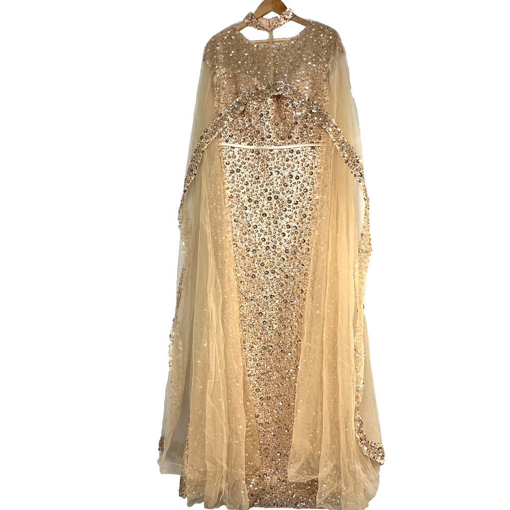 Luxury gold Beaded sequin Mermaid Dress Gown With Cape Size 46EU